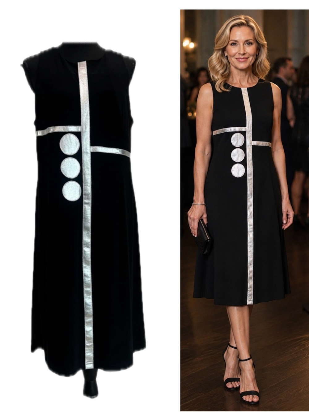 JOSEPH Ribkoff black sleeveless dress with metallic silver stripes & circles 14